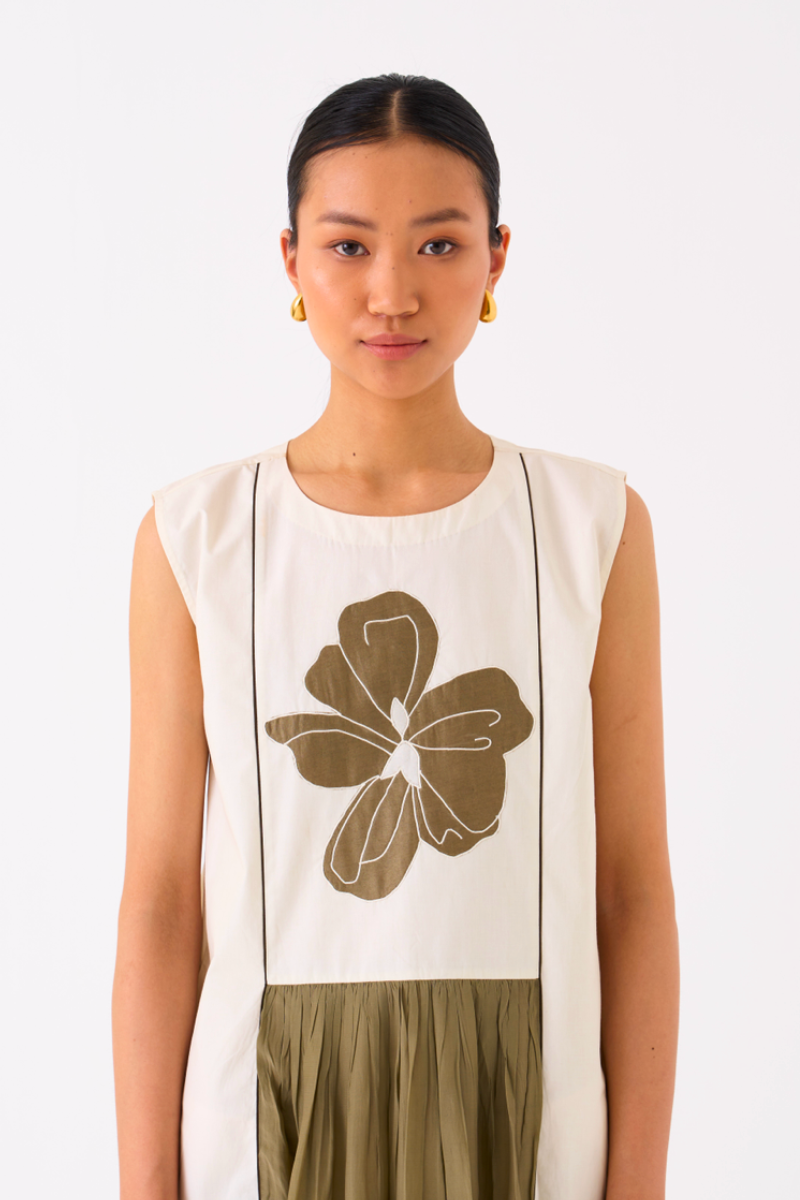 FLORAL PANELLED DRESS-IVORY/OLIVE poplin by THREE in olive color for women in Singapore