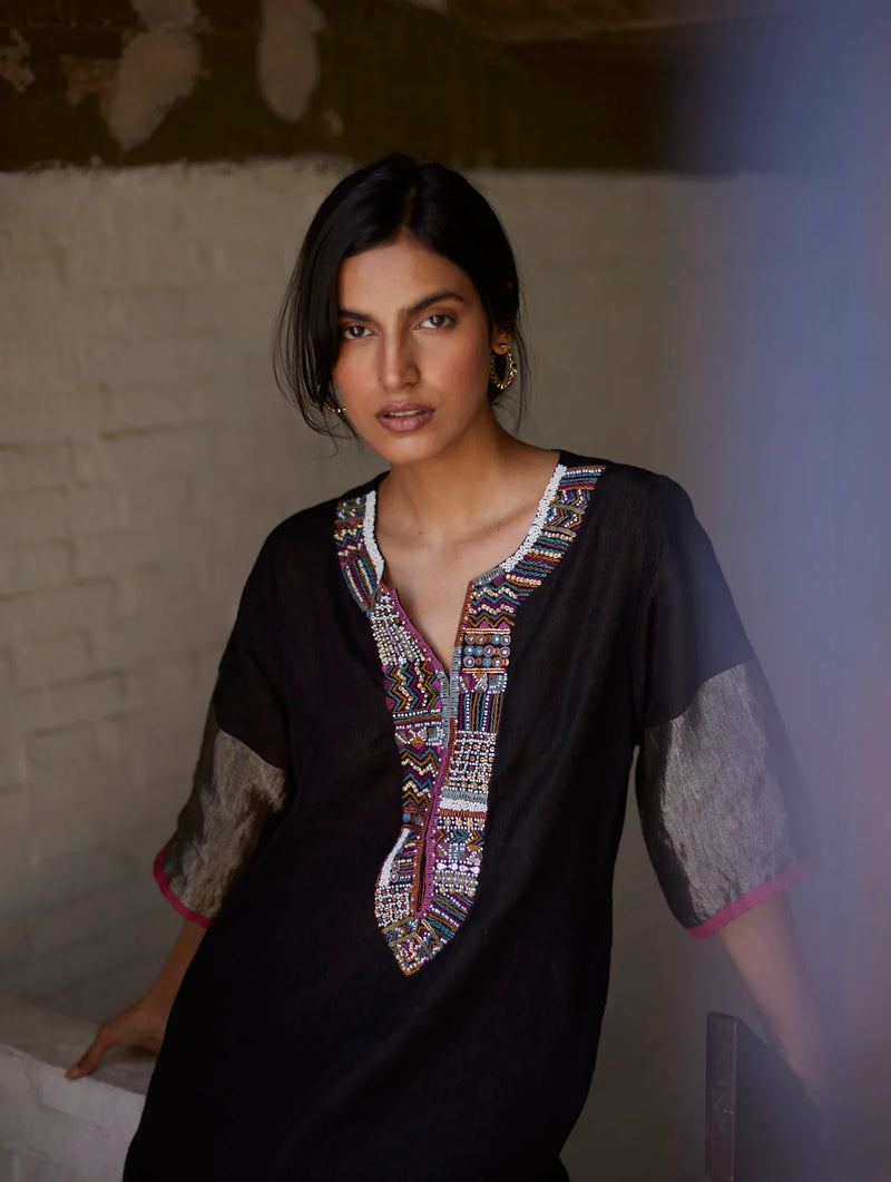 Mato Hand-Embroidered Kurta Set - Black linen by Manan in black color for women in Singapore
