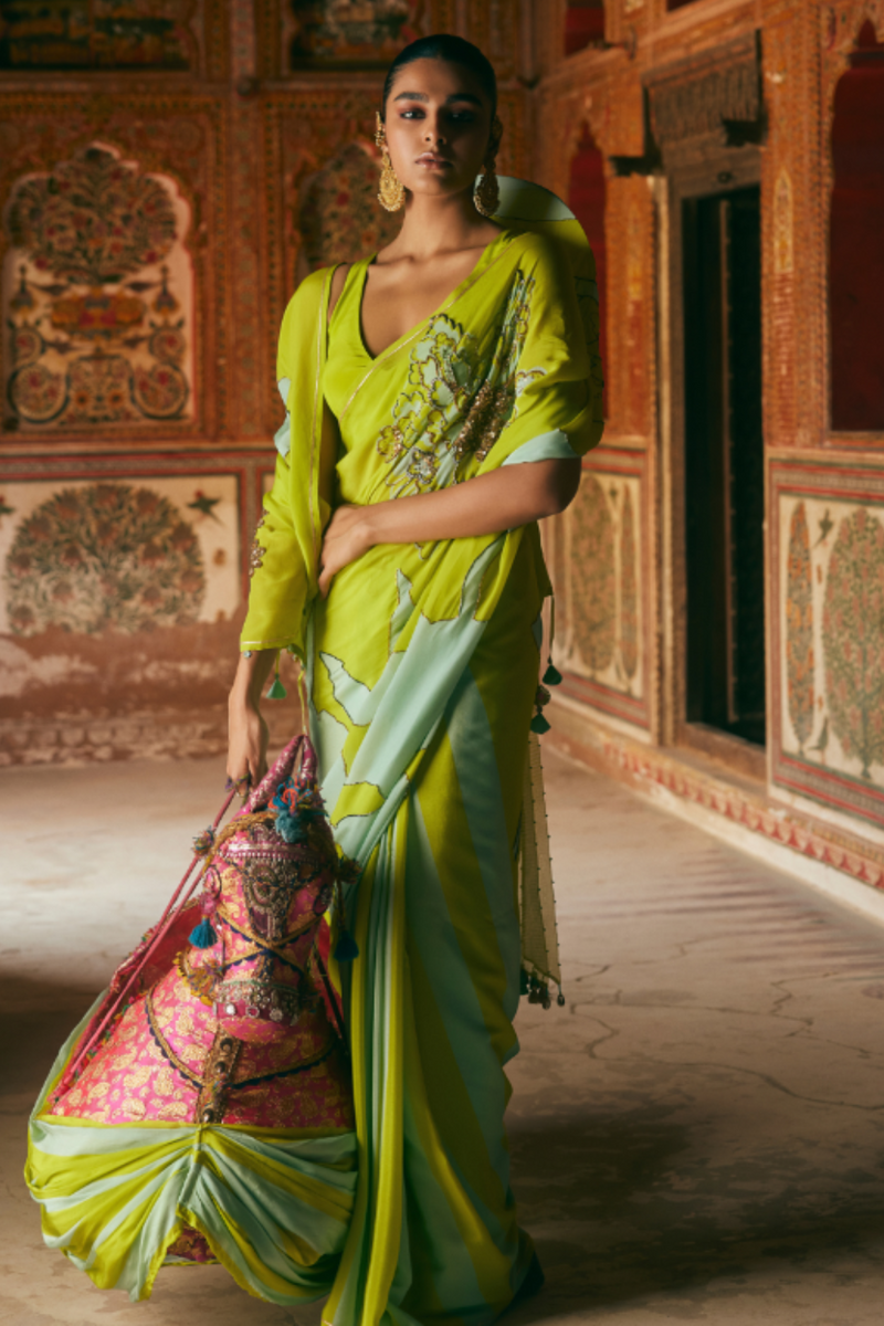 Khel Bright Green And Powder Blue Floral Saree mul by Rajiramniq in multi color for women in Singapore