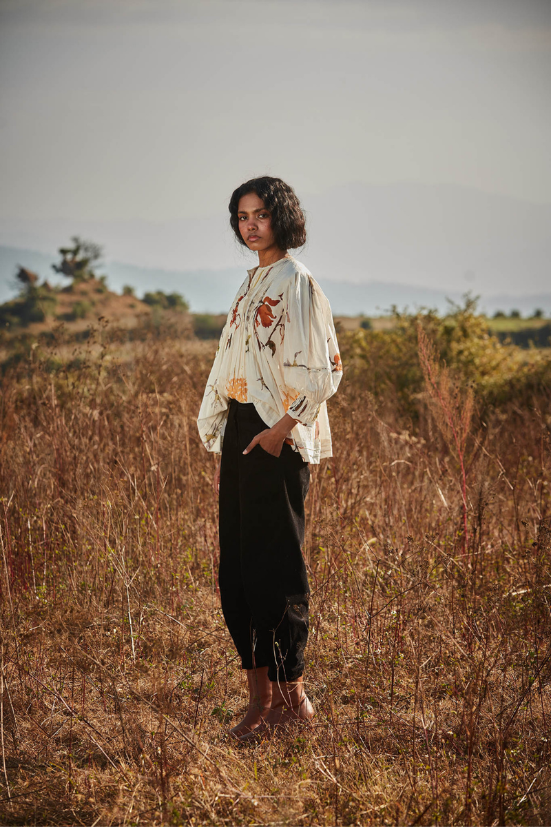 Florals in Snow Top cotton by Khara Kapas in white for women in Singapore