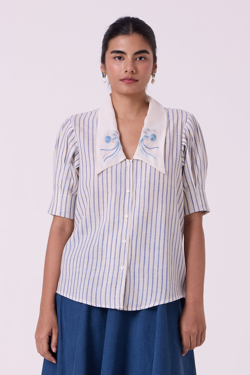 Kumo Striped Embroidered Handwoven Top handwoven cotton top/shirt by The Summer House in off white for women in Singapore