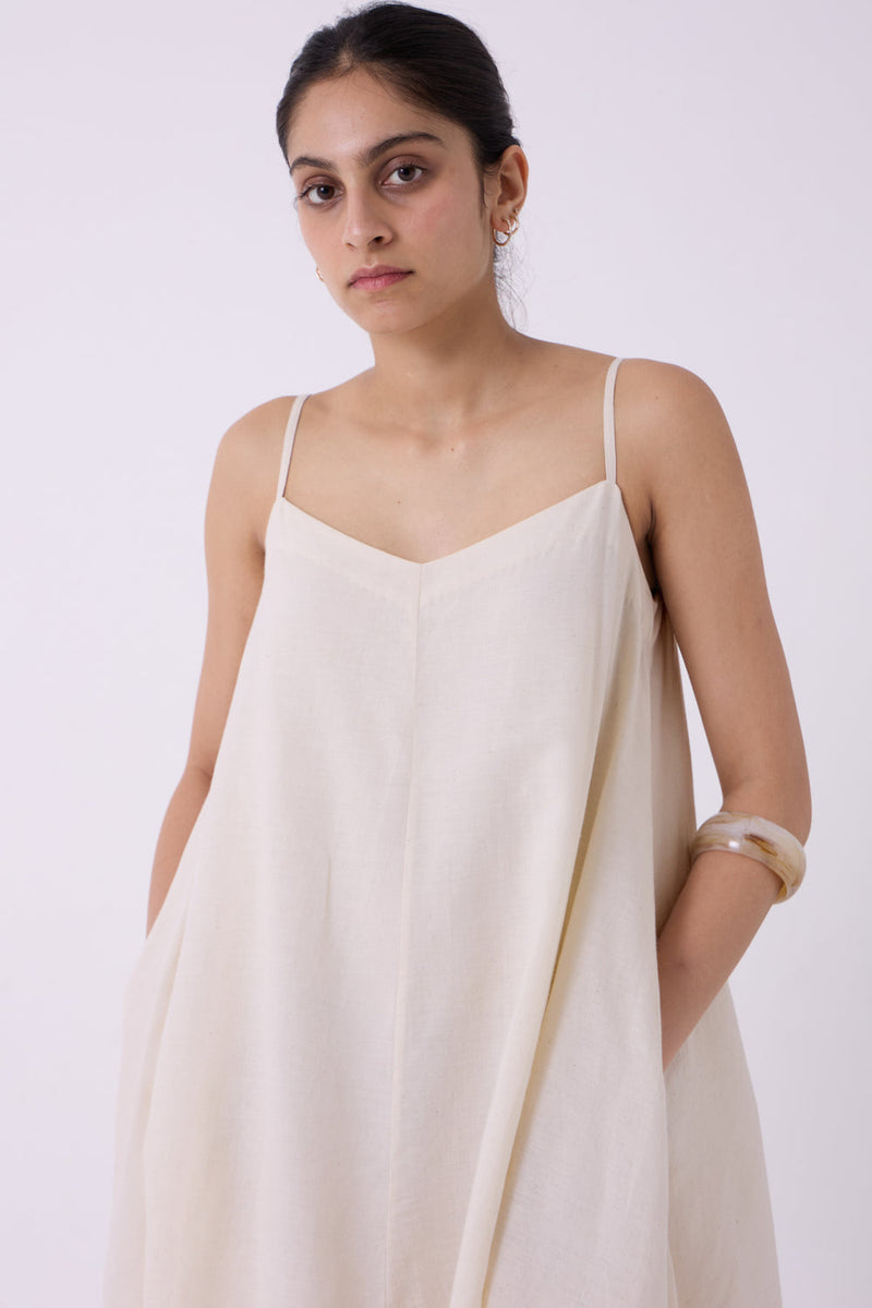 Jane Ecru Colourblocked Handwoven Dress handwoven cotton dress by The Summer House in off white for women in Singapore
