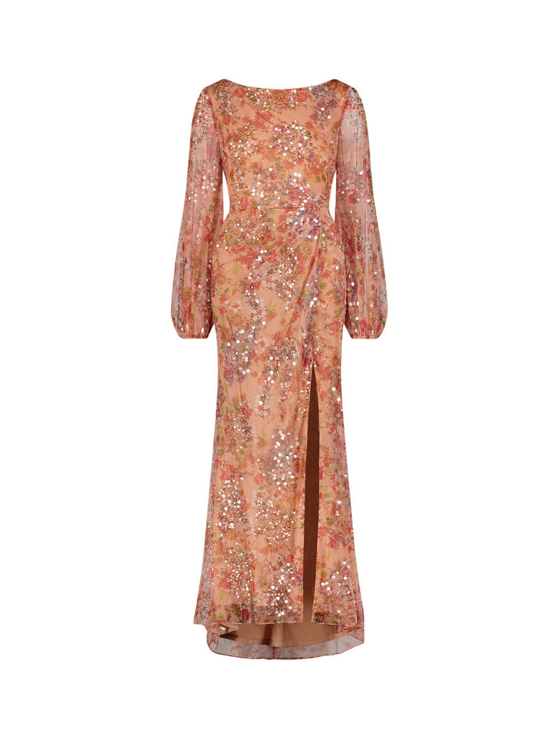 93547-Floral Print Sequined Puff Sleeve Gown by Mac Duggal for women in Singapore