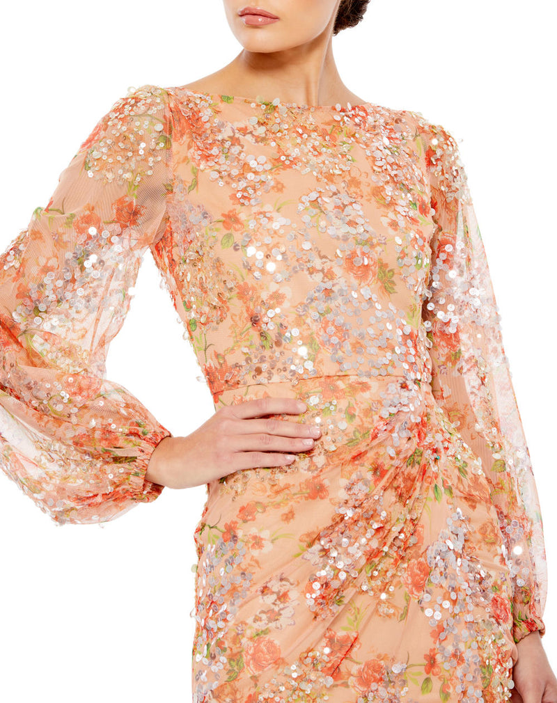 93547-Floral Print Sequined Puff Sleeve Gown by Mac Duggal for women in Singapore