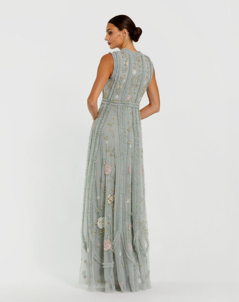 9360-Floral Mesh Sleeveless A Line Micro Ruffle Gown by Mac Duggal in green color for women in Singapore