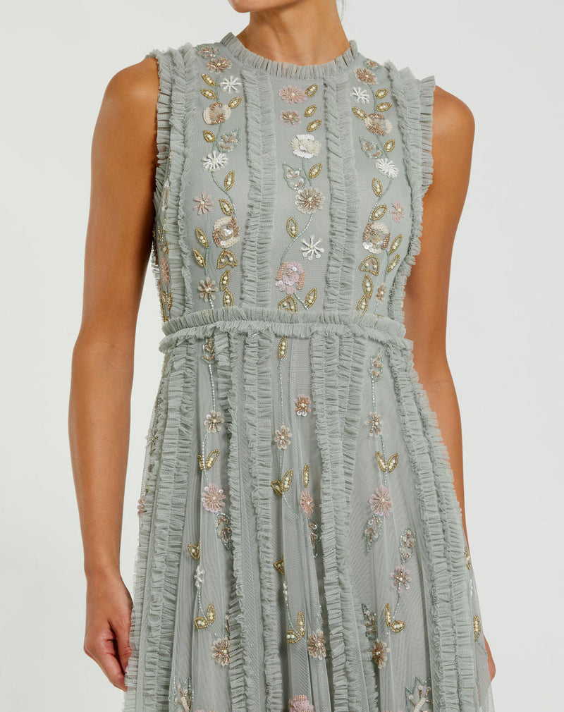9360-Floral Mesh Sleeveless A Line Micro Ruffle Gown by Mac Duggal in green color for women in Singapore