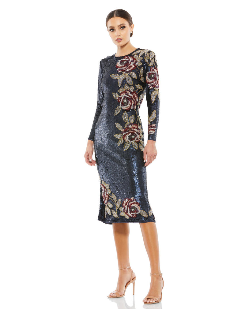 93624-Sequined Asymmetrical Floral Long Sleeve Midi Dress by Mac Duggal for women in Singapore