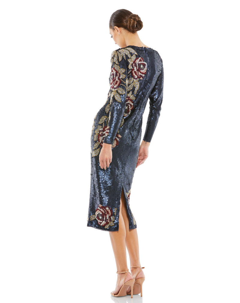 93624-Sequined Asymmetrical Floral Long Sleeve Midi Dress by Mac Duggal for women in Singapore