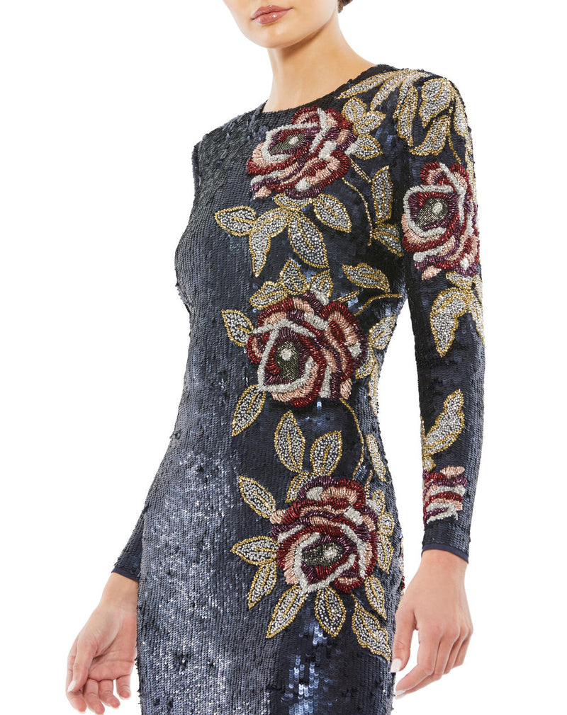 93624-Sequined Asymmetrical Floral Long Sleeve Midi Dress by Mac Duggal for women in Singapore