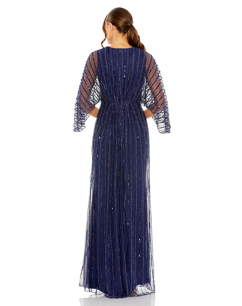 93841-Beaded Striping Kimono Sleeve V Neck Gown by Mac Duggal in navy color for women in Singapore