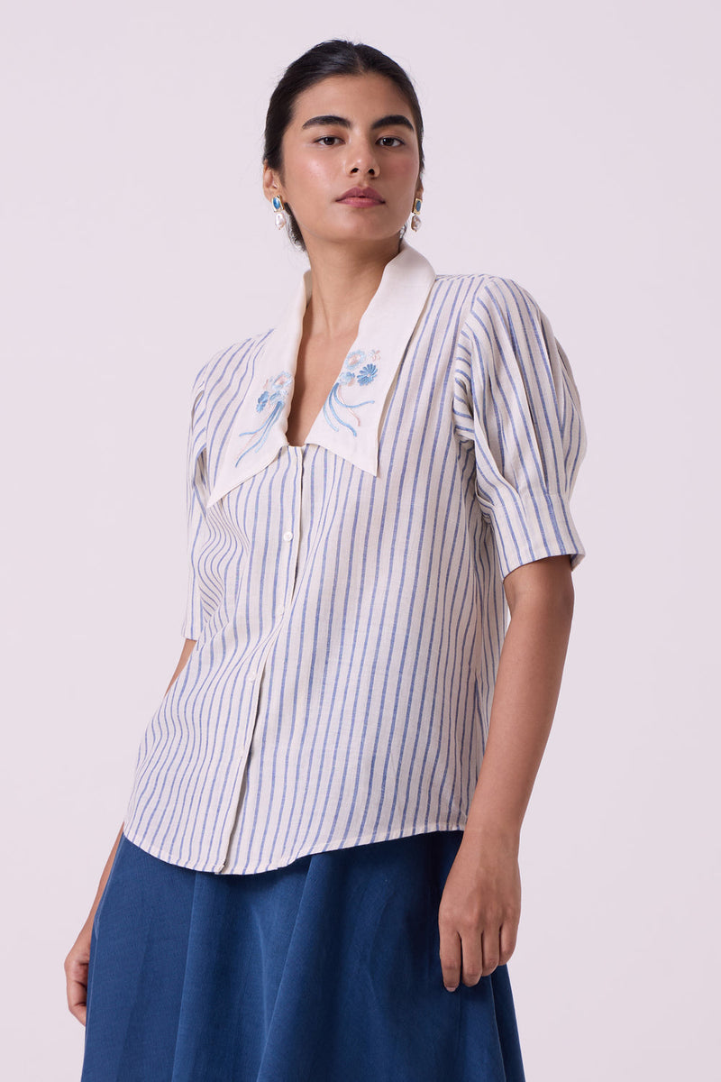 Kumo Striped Embroidered Handwoven Top handwoven cotton top/shirt by The Summer House in off white for women in Singapore