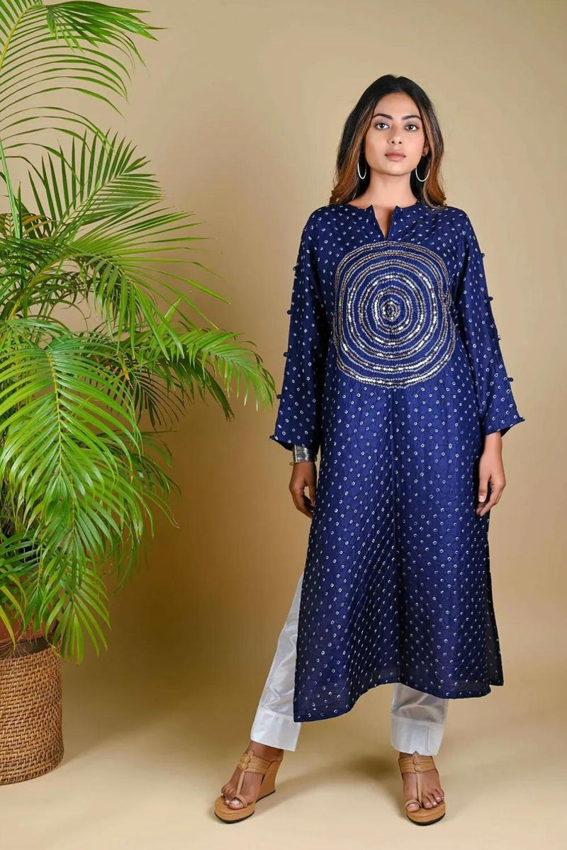 CIRCLE SEQUENCE KURTA-INDIGO BLUE silk by Dyelogue in blue color for women in Singapore