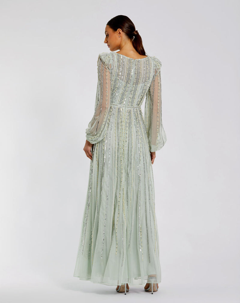 94081-Boat Neck Long Sleeve Gown With Striped Beading by Mac Duggal in green color for women in Singapore