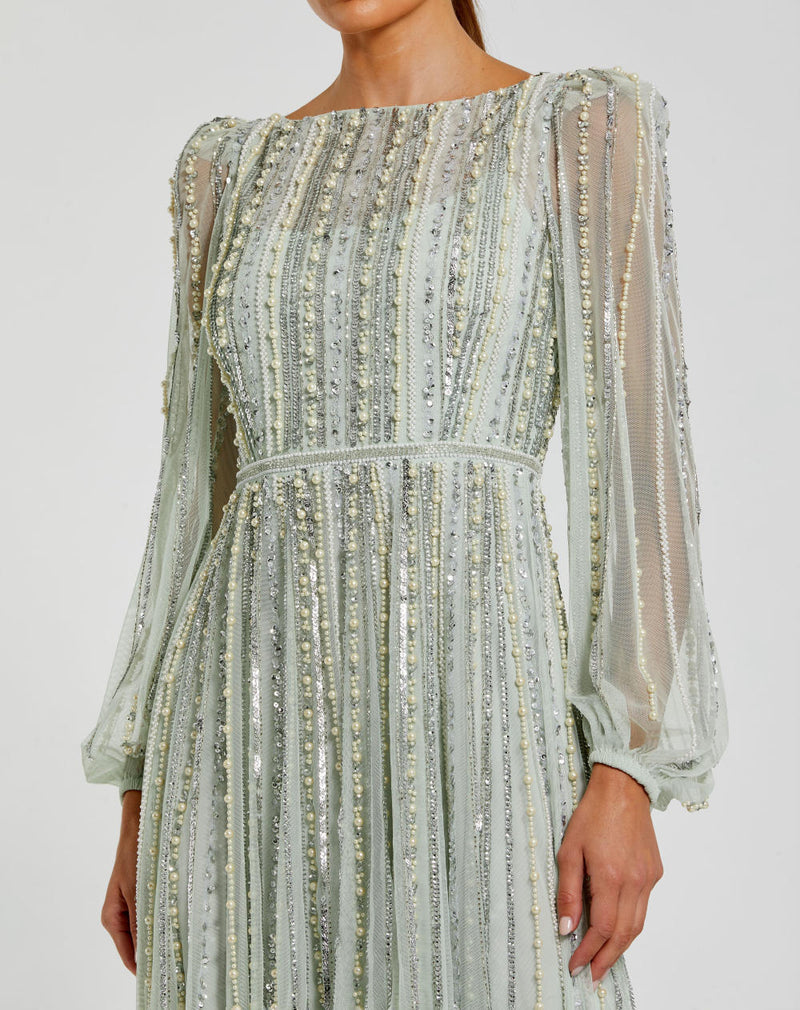 94081-Boat Neck Long Sleeve Gown With Striped Beading by Mac Duggal in green color for women in Singapore