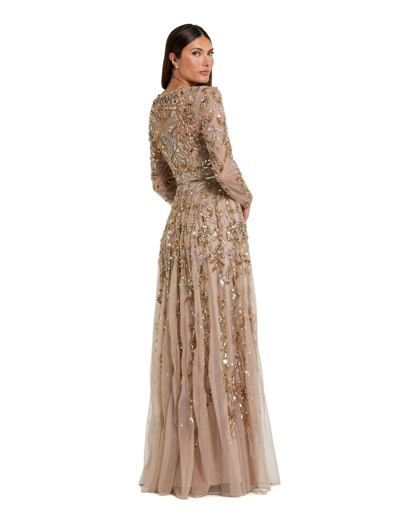 94213-Beige Long Sleeve Hand Embellished Gown by Mac Duggal in gold color for women in Singapore