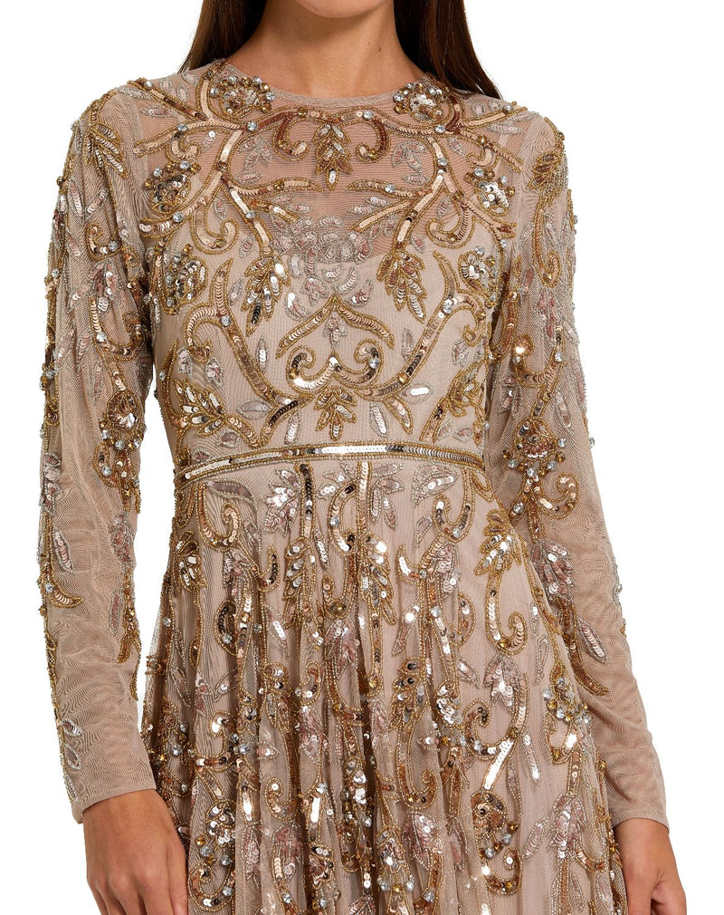 94213-Beige Long Sleeve Hand Embellished Gown by Mac Duggal in gold color for women in Singapore