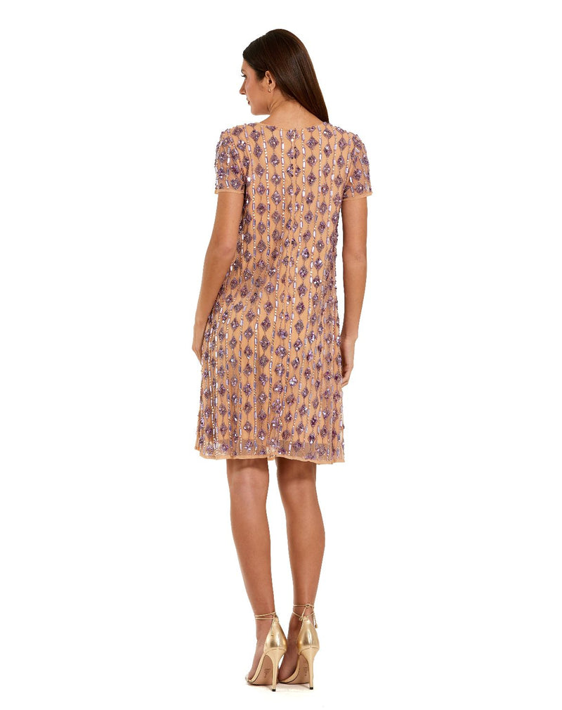 94292 - Beige and Purple Short Beaded Shift Dress by Mac Duggal in beige color for women in Singapore