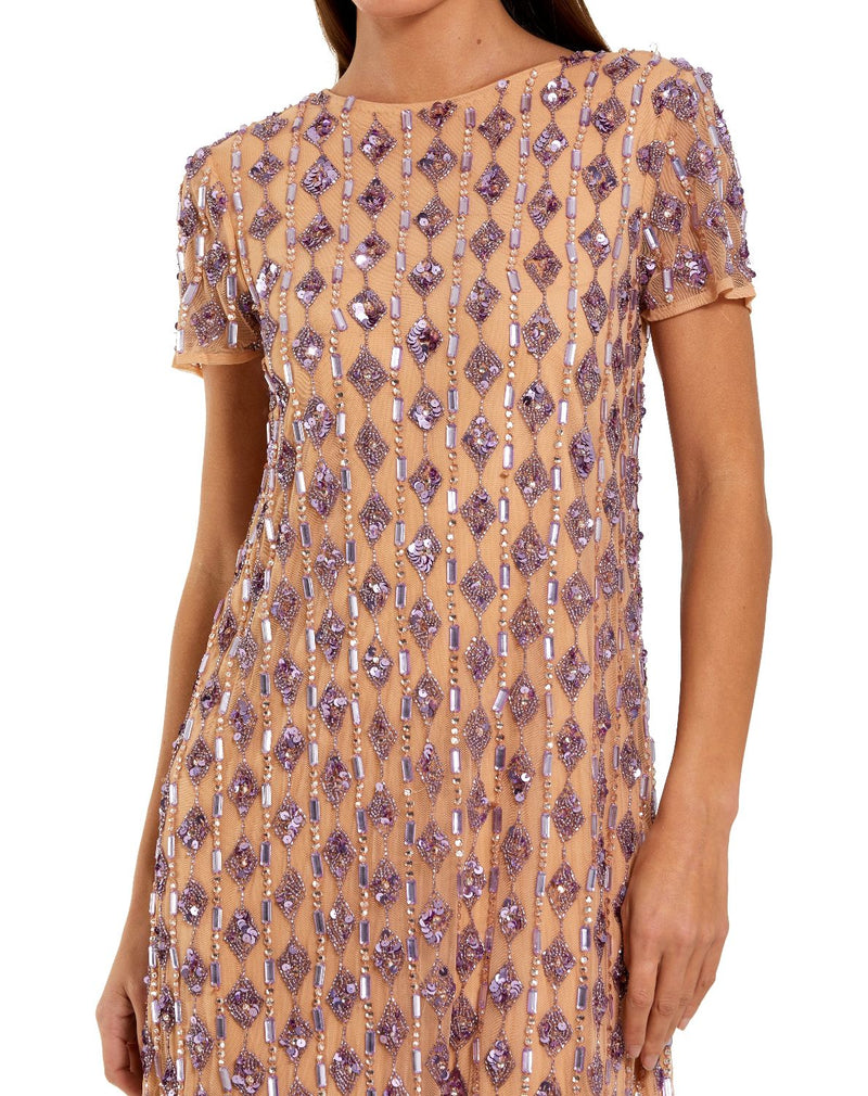 94292 - Beige and Purple Short Beaded Shift Dress by Mac Duggal in beige color for women in Singapore