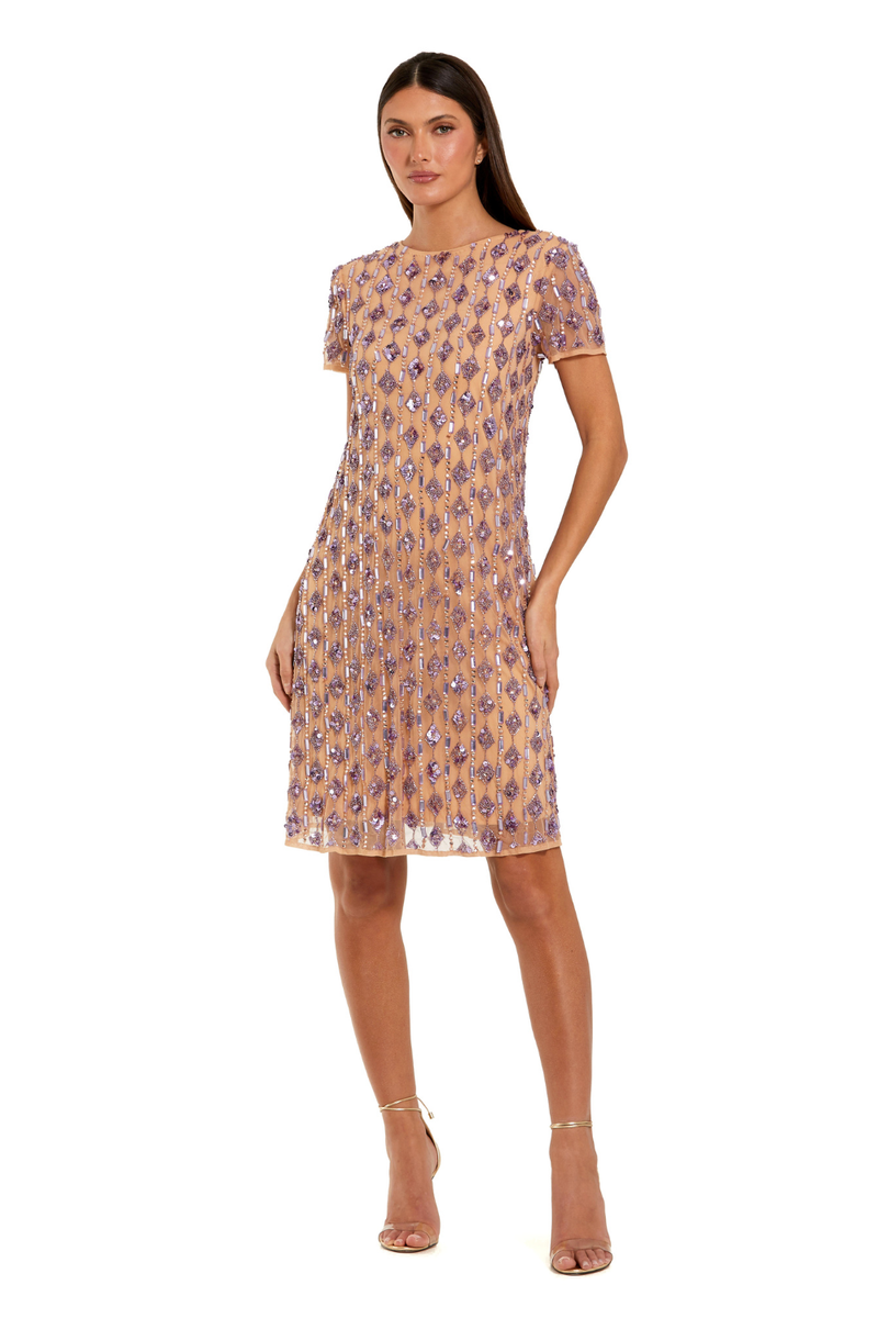94292 - Beige and Purple Short Beaded Shift Dress by Mac Duggal in beige color for women in Singapore