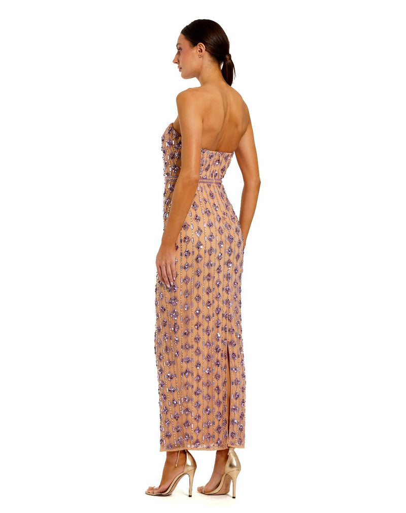 94293 - Beige and Purple Beaded Strapless Column Dress by Mac Duggal in beige color for women in Singapore