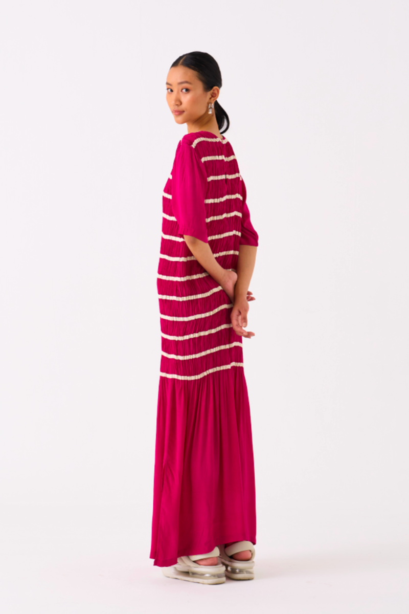 SHIRRING DRESS-FUSCHIA by THREE for women in Singapore