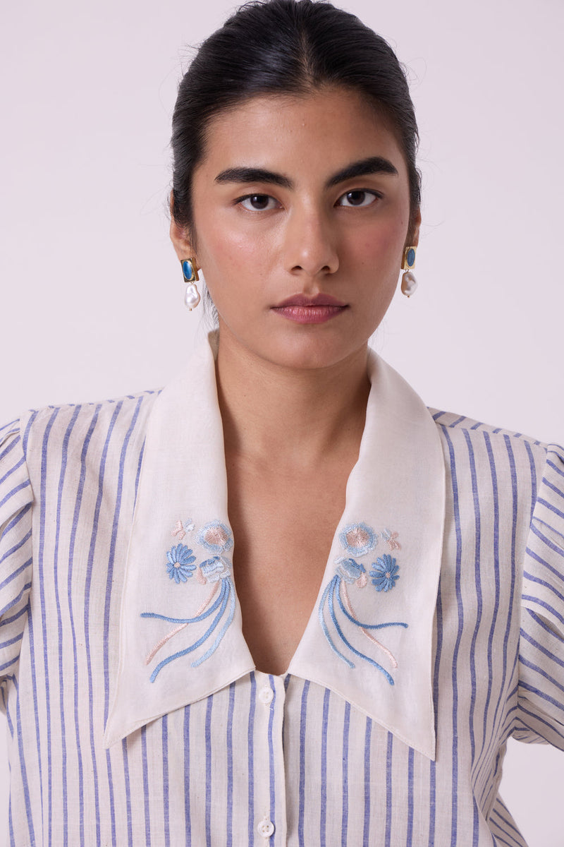 Kumo Striped Embroidered Handwoven Top handwoven cotton top/shirt by The Summer House in off white for women in Singapore