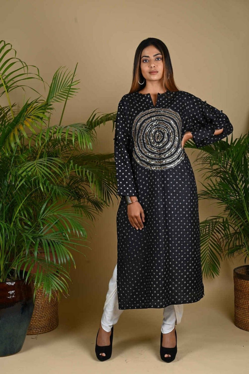 CIRCLE SEQUENCE KURTA-BLACK silk by Dyelogue in black color for women in Singapore