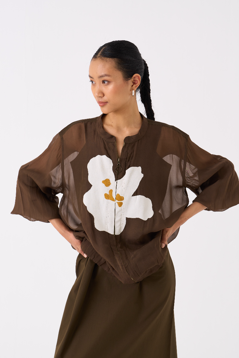 FLORAL APPLIQUE BOMBER JACKET-DARK OLIVE organza by THREE in olive color for women in Singapore