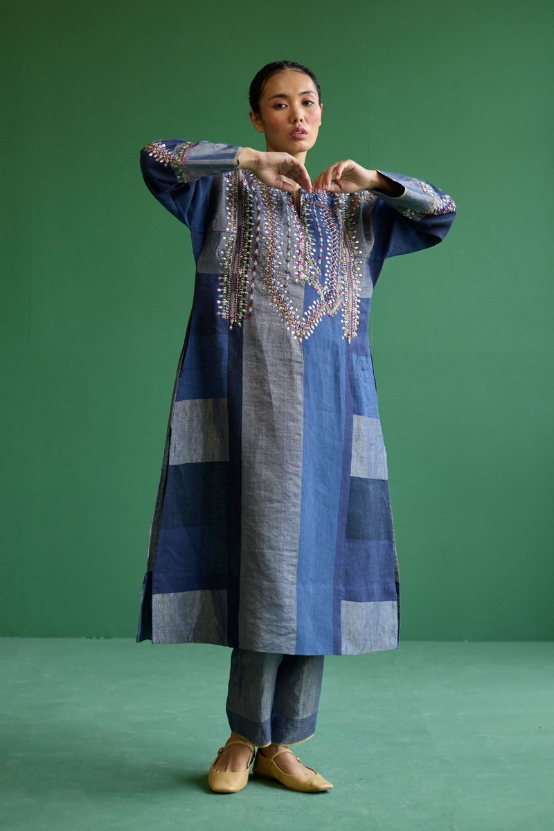 Rida Hand-Embroidered Metallic Linen Kurta - Navy linen by Manan in navy color for women in Singapore