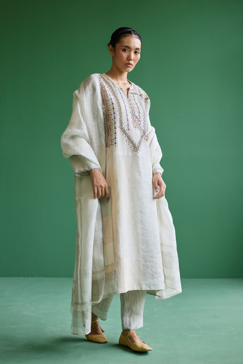 Rida Hand-Embroidered Kurta Set
 - Ivory linen by Manan in ivory color for women in Singapore