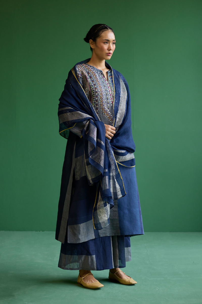 Rida Hand-Embroidered Kurta Set
 - Navy linen by Manan in navy color for women in Singapore