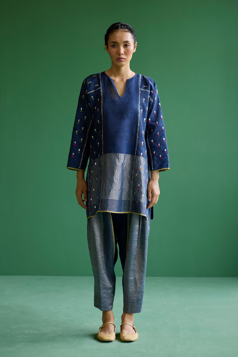 Ennya Hand-Embroidered Kurta Set
 - Navy linen by Manan in navy color for women in Singapore