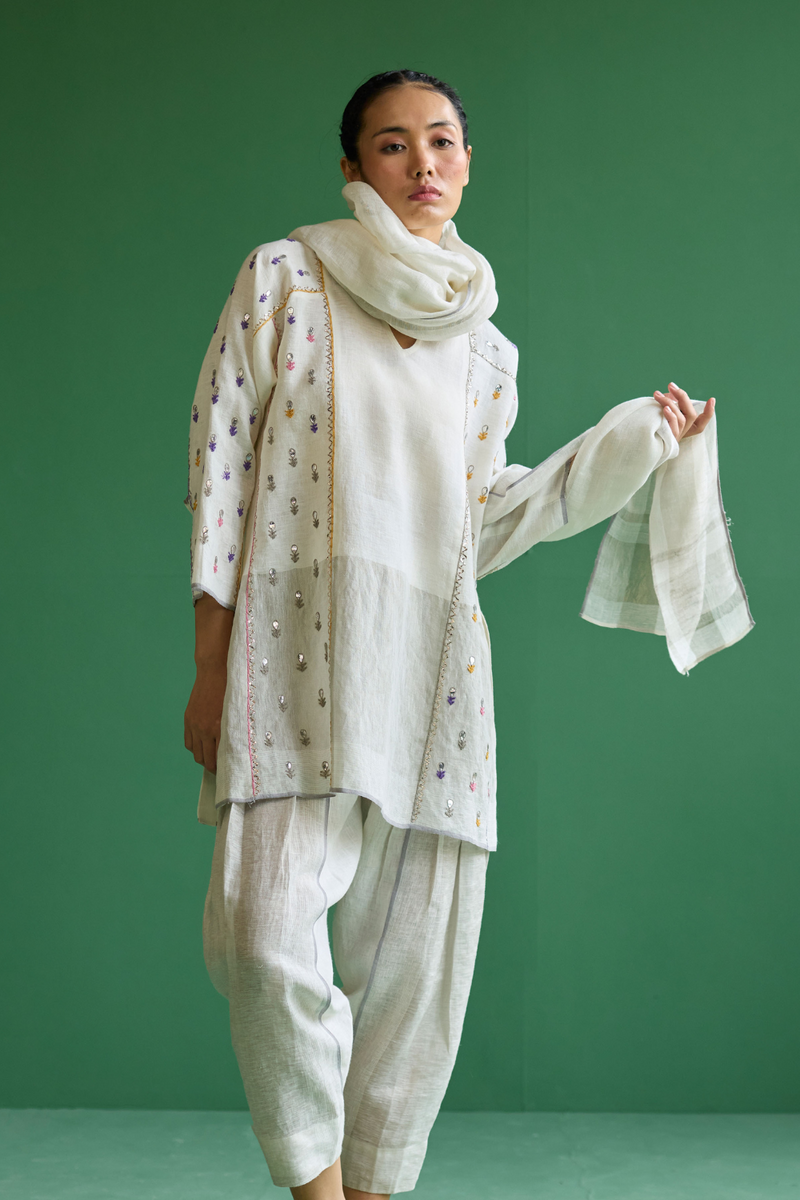 Ennya Hand-Embroidered Kurta Set
 - Ivory linen by Manan in ivory color for women in Singapore