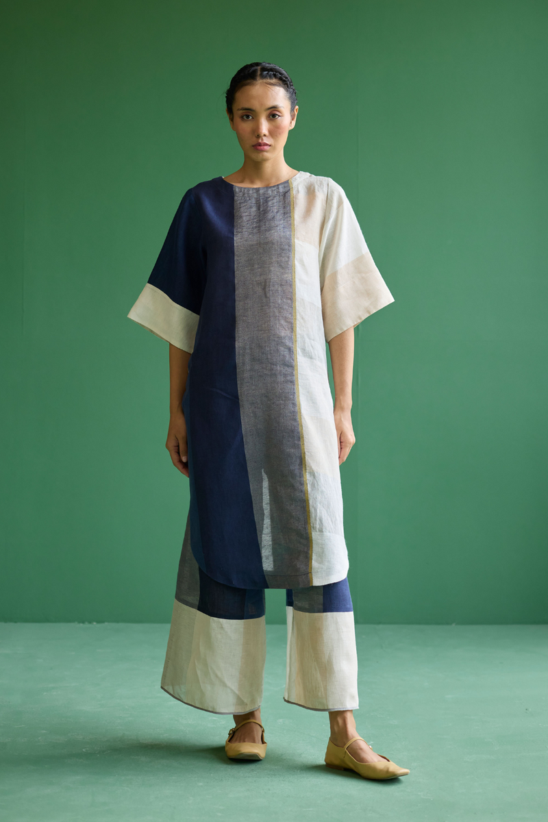 Risa Color-Blocked Kurta Set
 - Navy linen by Manan in navy color for women in Singapore
