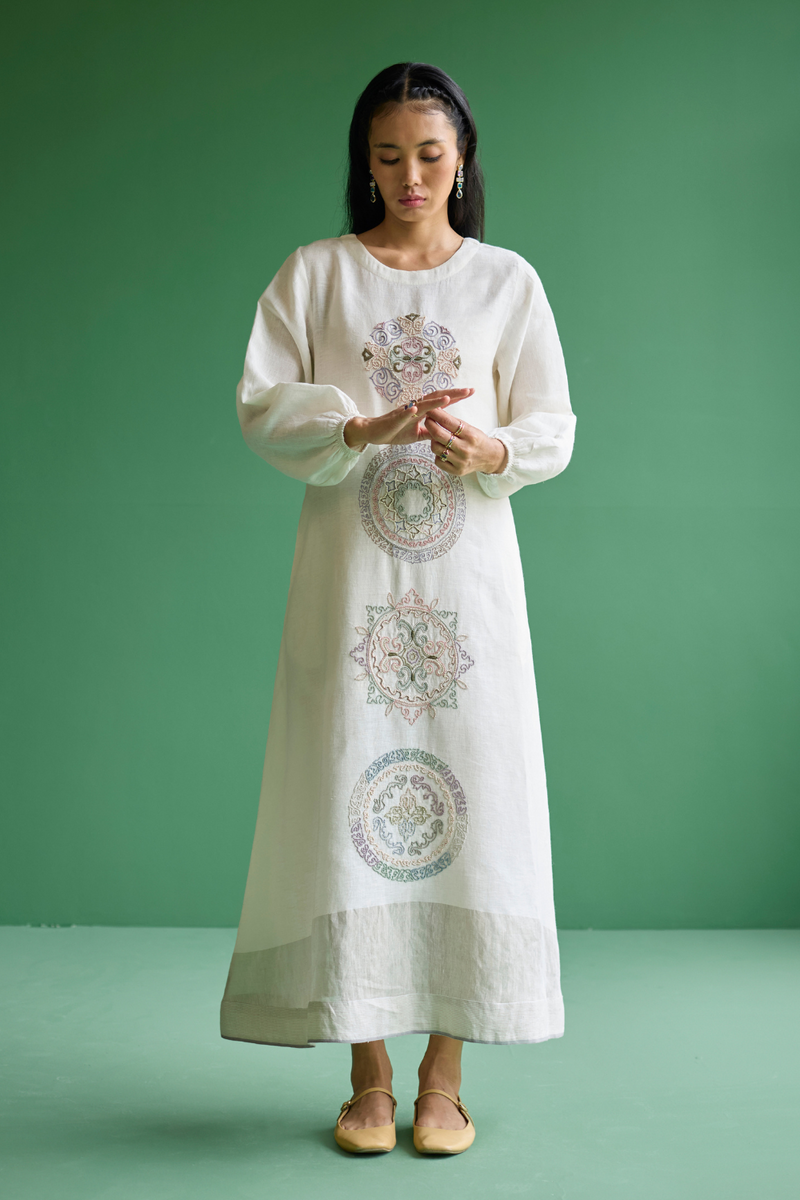Eira Hand-Embroidered Linen Dress - Ivory linen by Manan in ivory color for women in Singapore