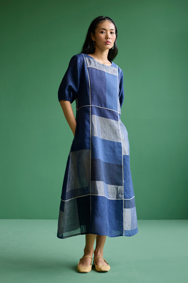 Sehr Metallic Linen Piping Dress - Navy linen by Manan in navy color for women in Singapore