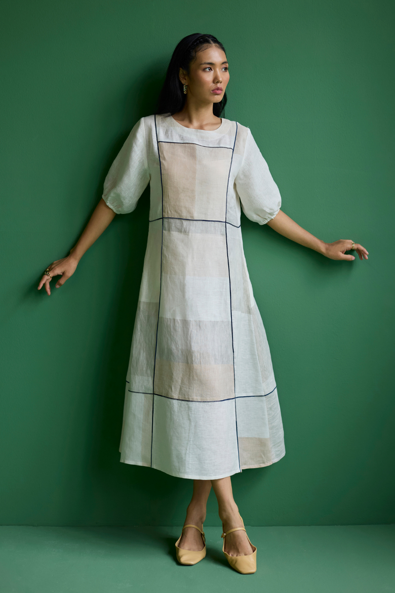 Sehr Metallic Linen Piping Dress - Ivory linen by Manan in ivory color for women in Singapore