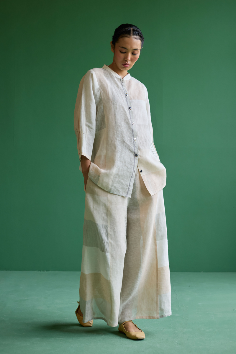 Izara Stripe Patchwork Linen Shirt
 - Ivory linen by Manan in ivory color for women in Singapore