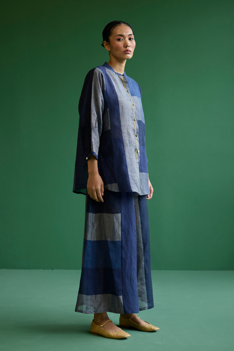 Izara Metallic Linen Co-ord Set - Navy linen by Manan in navy color for women in Singapore