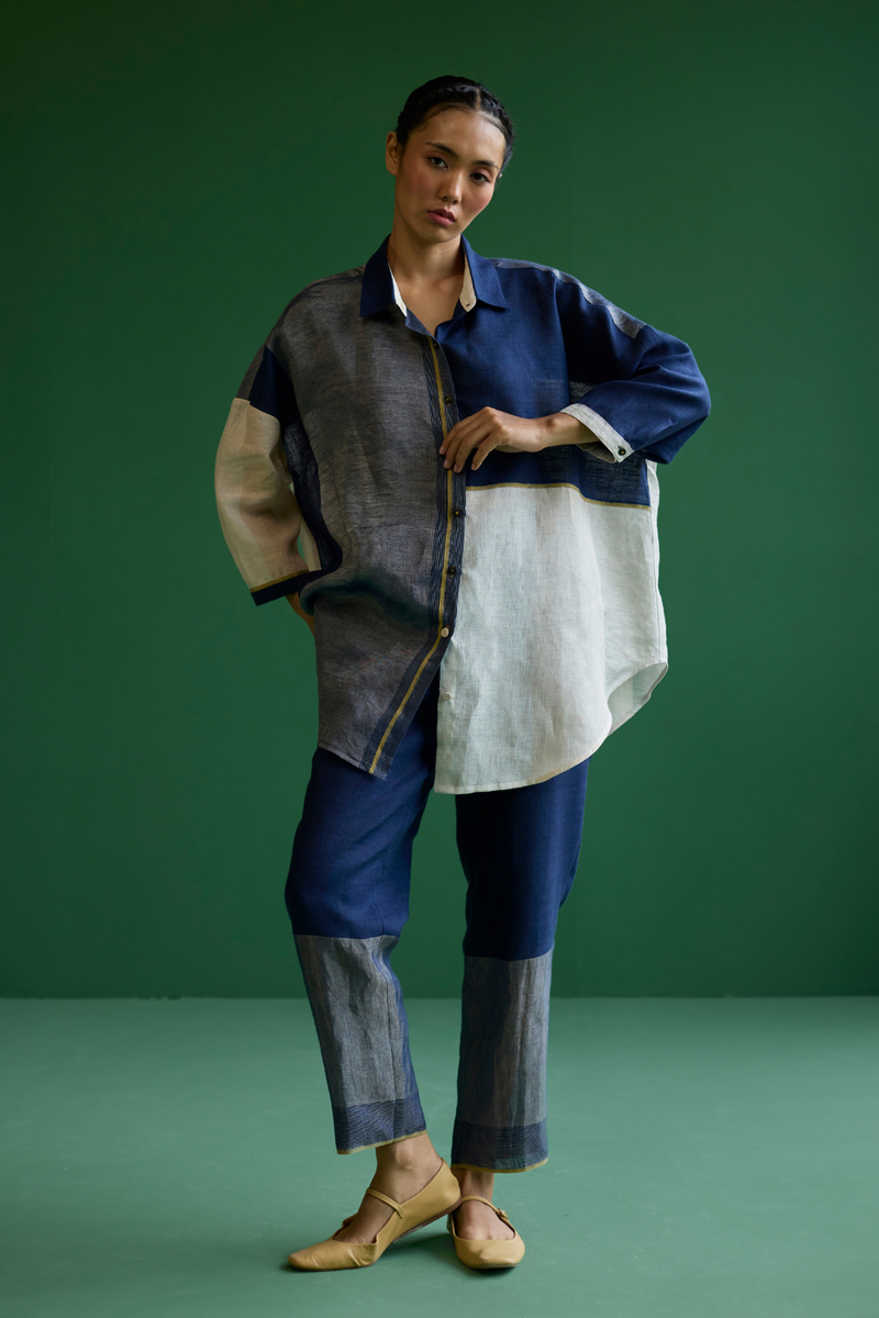 Esha Color-Blocked Shirt
 - Navy linen by Manan in navy color for women in Singapore