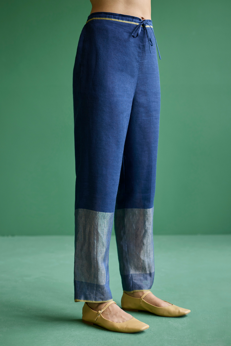 June Metallic Linen Pant - Navy linen by Manan in navy color for women in Singapore