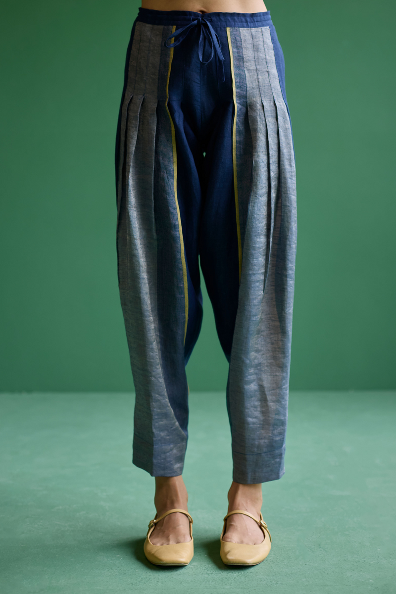 Zang Metallic Linen Salwar Pant - Navy linen by Manan in navy color for women in Singapore