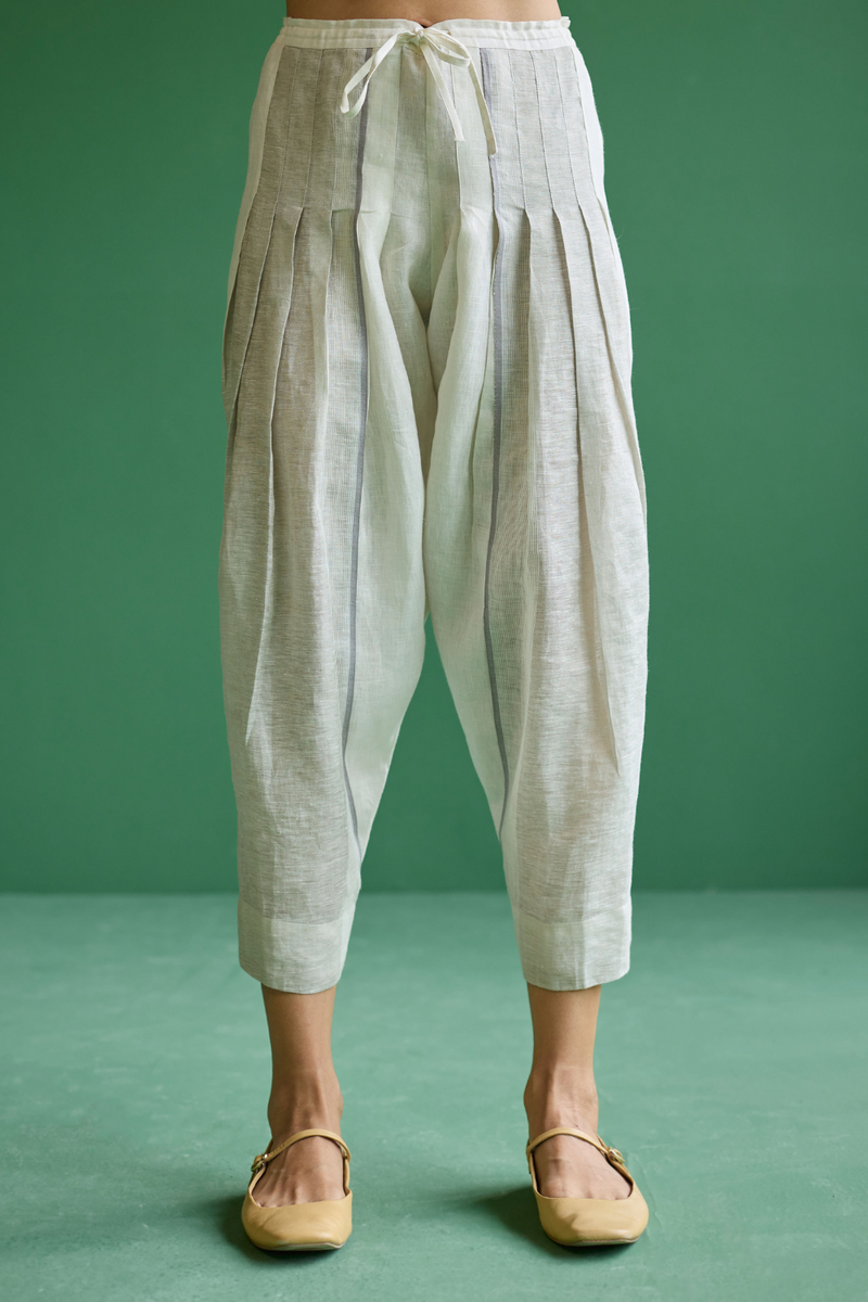 Zang Metallic Linen Salwar Pant - Ivory linen by Manan in ivory color for women in Singapore