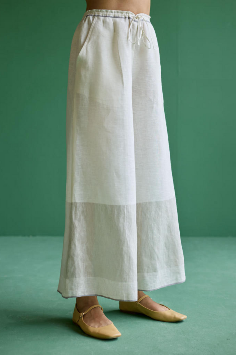 Yima Metallic Border Linen Pant - Ivory linen by Manan in ivory color for women in Singapore