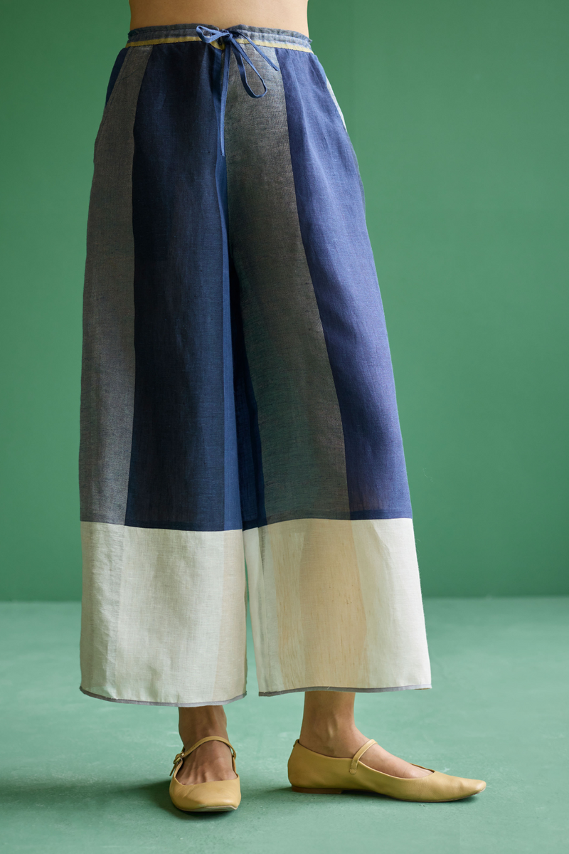Kio Color-Blocked Linen Pant - Navy linen by Manan in navy color for women in Singapore