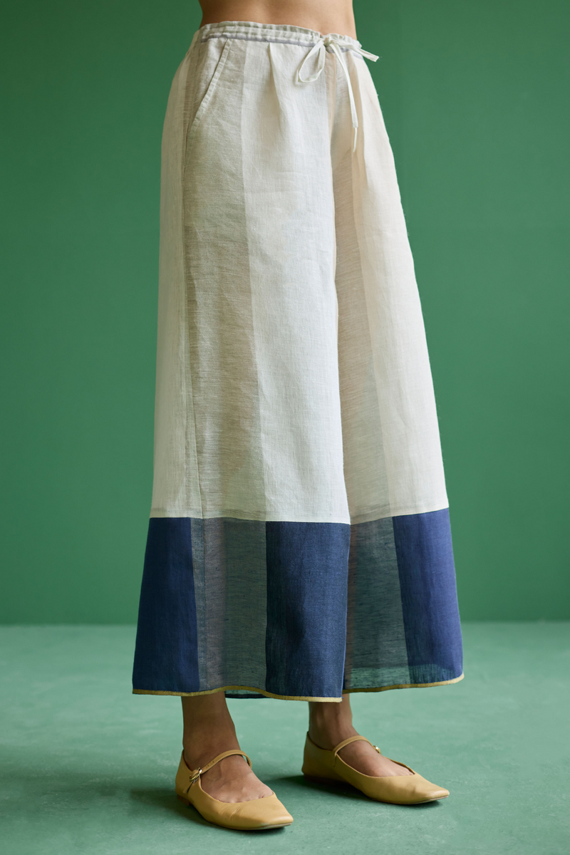 Kio Color-Blocked Linen Pant- Ivory linen by Manan in ivory color for women in Singapore