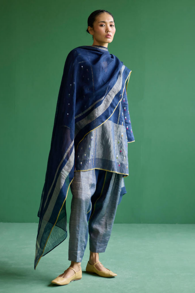 Shuri Metallic Linen Dupatta - Navy linen by Manan in ivory color for women in Singapore