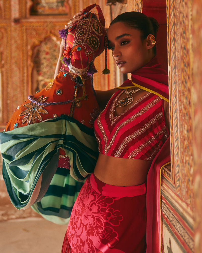 Khel Pink And Red Printed Lehenga mul by Rajiramniq in multi color for women in Singapore
