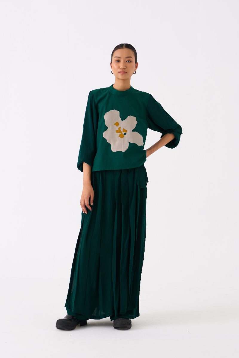FLORAL APPLIQUE TOP-DARK GREEN poplin by THREE in green color for women in Singapore