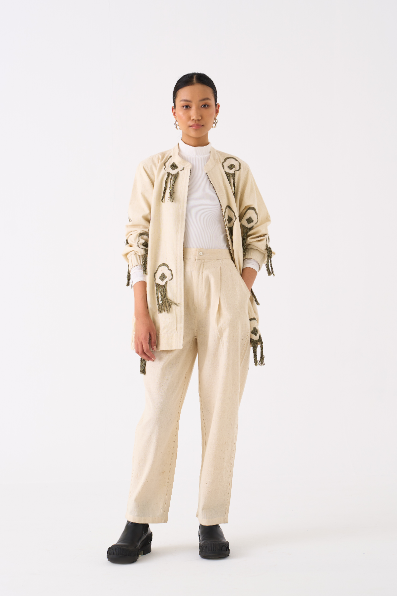 FRINGE BOMBER JACKET CO-ORD 
(SET OF 2)-IVORY by THREE in ivory color for women in Singapore